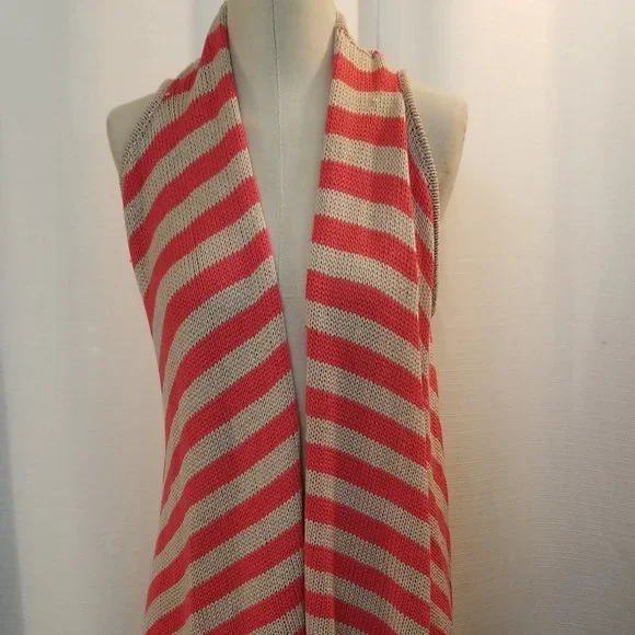 Orange Tan Striped Pattern Sleeveless Fringed Knit Vest M - Picture 2 of 6